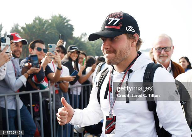 Valtteri Bottas of Finland and Alfa Romeo F1 greets fans prior to practice ahead of the F1 Grand Prix of Mexico at Autodromo Hermanos Rodriguez on...