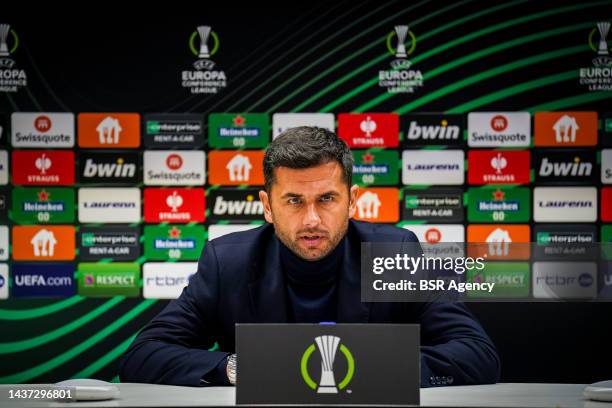 Coach Nicolae Dica of FCSB attends a press conference after the Group B - UEFA Europa Conference League match between RSC Anderlecht and FCSB at the...