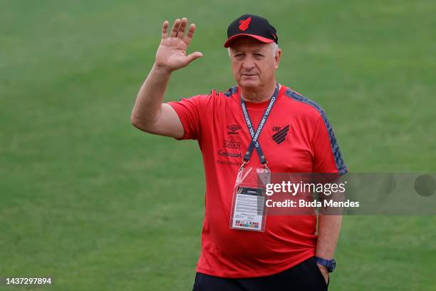 Luiz Felipe Scolari, head coach of Athletico Paranaense gestures during a training session at Christian Benítez Betancourt Stadium on October 28,...