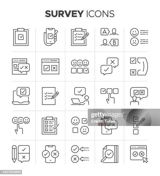 survey icon set. vote, feedback, emotional opinion, checklist, rating, review, quiz and voting vector symbol - poll question stock illustrations