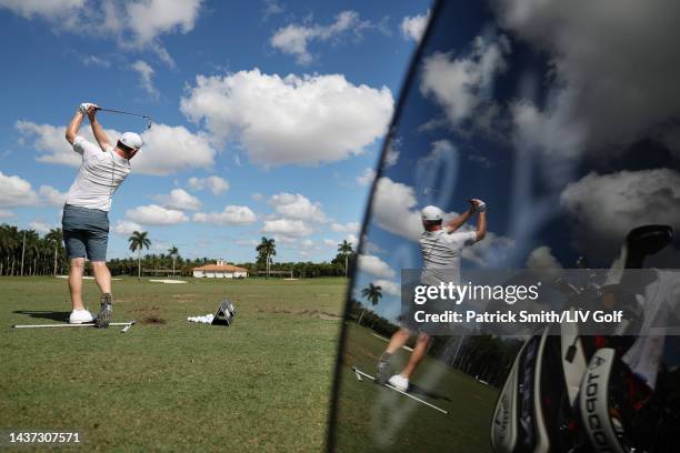 Branden Grace of Stinger GC plays a shot on the driving range during the quarterfinals of the LIV Golf Invitational - Miami at Trump National Doral...