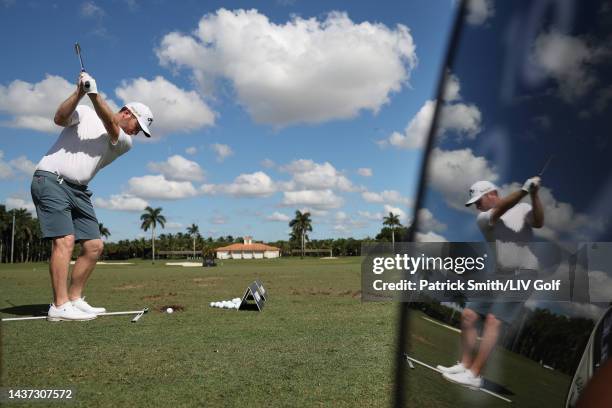 Branden Grace of Stinger GC plays a shot on the driving range during the quarterfinals of the LIV Golf Invitational - Miami at Trump National Doral...