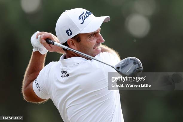 Edoardo Molinari of Italy tees off on the 17th hole during Day Two of the Portugal Masters at Dom Pedro Victoria Golf Course on October 28, 2022 in...