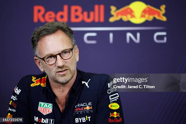 Red Bull Racing Team Principal Christian Horner talks in a press conference prior to practice ahead of the F1 Grand Prix of Mexico at Autodromo...