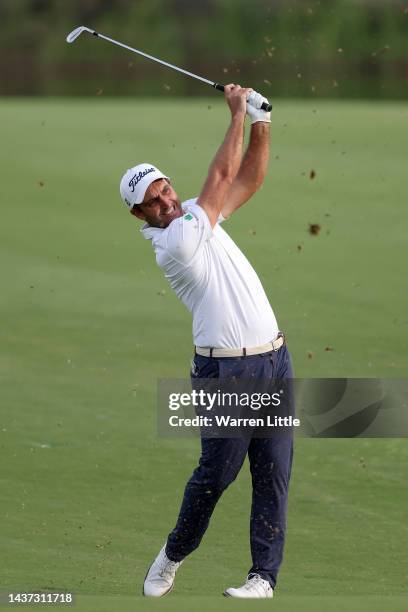 Edoardo Molinari of Italy plays their second shot on the 18th hole during Day Two of the Portugal Masters at Dom Pedro Victoria Golf Course on...