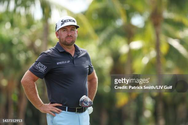 Graeme McDowell of Cleeks GC looks on from the seventh tee during the quarterfinals of the LIV Golf Invitational - Miami at Trump National Doral...