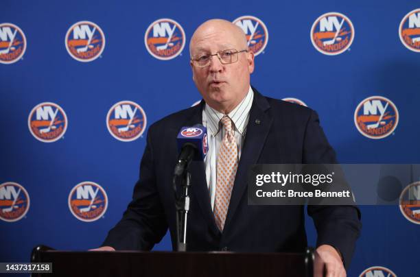 Bill Dal speaks with the media prior to the game between the New York Islanders and the New York Rangers at the UBS Arena on October 26, 2022 in...