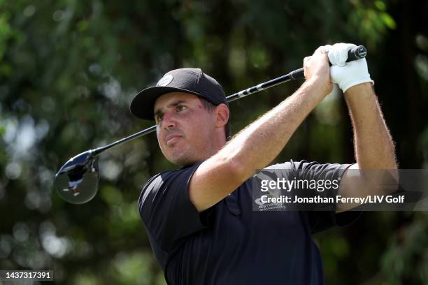 Chase Koepka of Smash GC plays his shot from the fifth tee during the quarterfinals of the LIV Golf Invitational - Miami at Trump National Doral...