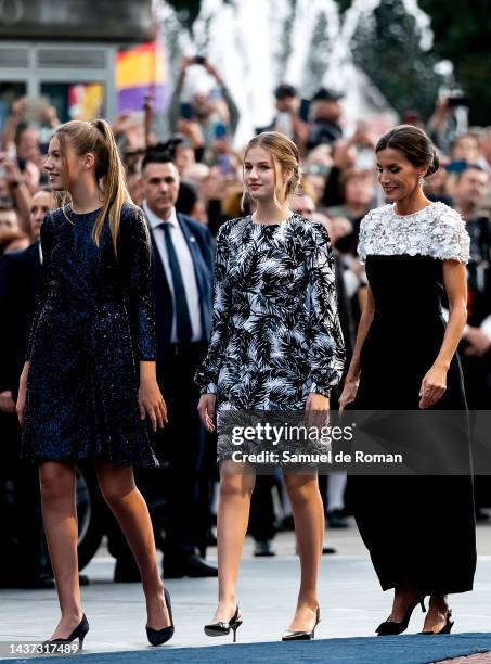 Queen Letizia of Spain, Crown Princess Leonor of Spain and Princess Sofia of Spain arrive at the "Princesa de Asturias" Awards 2022 at Teatro...