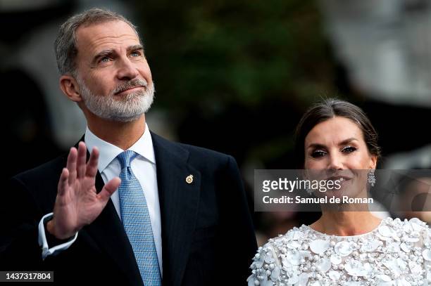 King Felipe VI of Spain and Queen Letizia of Spain arrive at the "Princesa de Asturias" Awards 2022 at Teatro Campoamor on October 28, 2022 in...