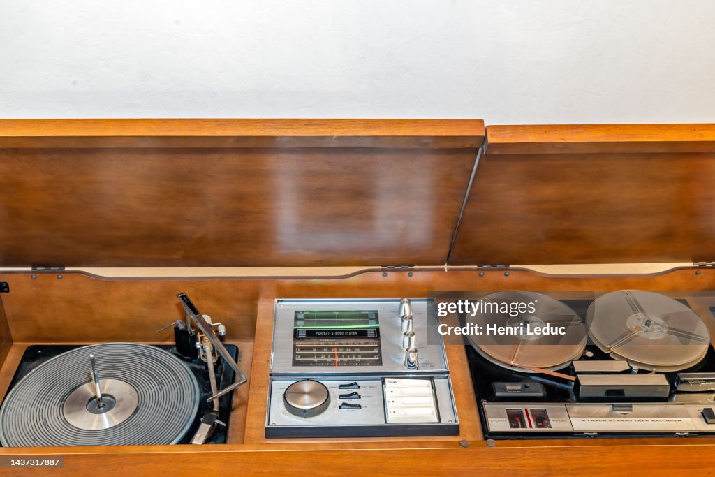 Vintage mid century hi fi stereo console with tape recorder, radio and record player