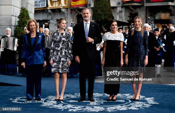 King Felipe VI of Spain, Queen Letizia of Spain, Queen Sofia of Spain, Crown Princess Leonor of Spain and Princess Sofia of Spain arrive at the...
