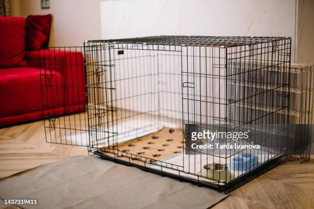 wire dog crate or animal cage at home. - käfig stock-fotos und bilder