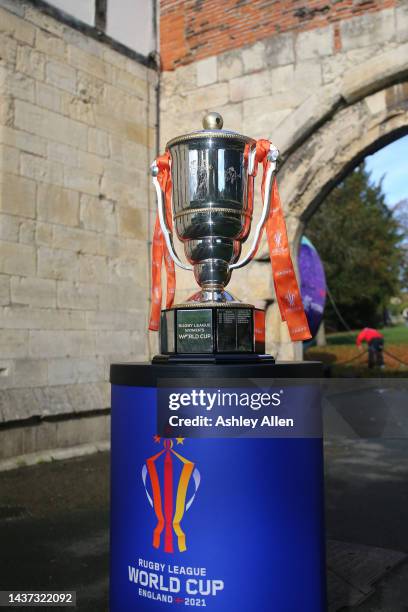 General view of the Women's Rugby League World Cup trophy during the Women's Rugby League World Cup 2021 Tournament Launch event at The Hospitium on...