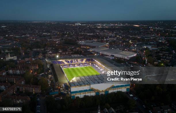 An aerial view of St Andrews prior to the Sky Bet Championship between Birmingham City and Queens Park Rangers at St Andrews on October 28, 2022 in...