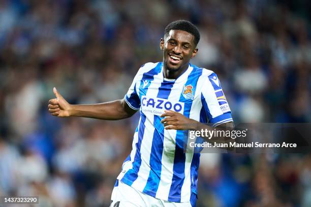 Mohamed-Ali Cho of Real Sociedad reacts during the LaLiga Santander match between Real Sociedad and Villarreal CF at Reale Arena on October 09, 2022...