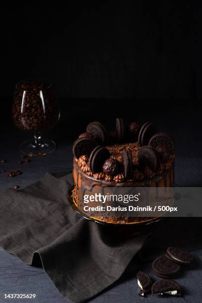 high angle view of cake on table - süßwaren stockfoto's en -beelden