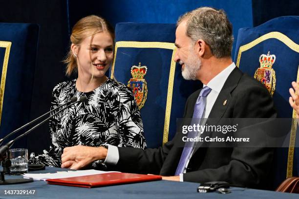 Crown Princess Leonor of Spain and King Felipe VI of Spain attend the "Princesa De Asturias" Awards 2022 ceremony at Oviedo Bullring on October 28,...