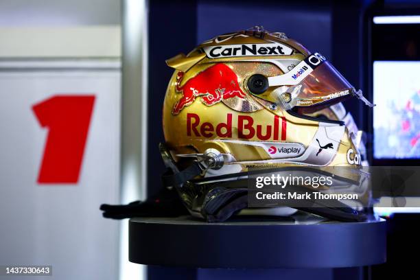 Detail view of the race helmet of Max Verstappen of the Netherlands and Oracle Red Bull Racing in the garage during practice ahead of the F1 Grand...