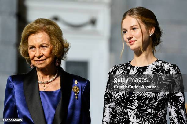 Queen Sofia of Spain and Crown Princess Leonor of Spain attend the "Princesa De Asturias" Awards 2022 ceremony at Oviedo Bullring on October 28, 2022...