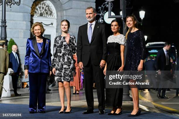 Queen Sofia of Spain, Crown Princess Leonor of Spain, King Felipe VI of Spain, Queen Letizia of Spain and Princess Sofia of Spain attend the...