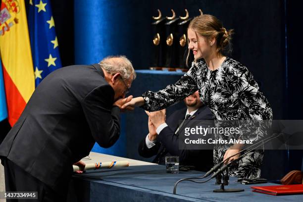 Polish journalist Adam Michnik and Crown Princess Leonor of Spain attend the "Princesa De Asturias" Awards 2022 ceremony at Oviedo Bullring on...
