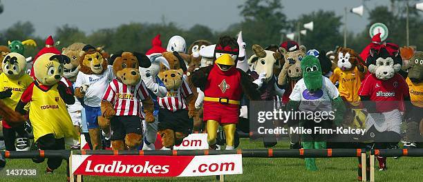 Football mascots from the UK in action during the fourth Mascot Grand National race at Huntingdon Racecourse, Huntingdon on September 29, 2002.