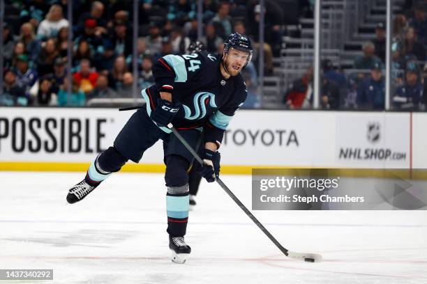 Jamie Oleksiak of the Seattle Kraken skates against the Vancouver Canucks during the second period at Climate Pledge Arena on October 27, 2022 in...