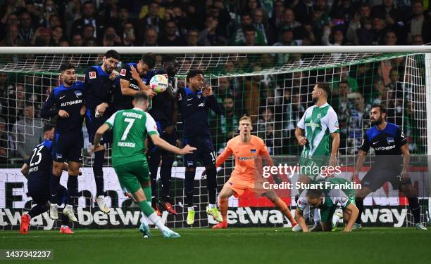 Marvin Ducksch of SV Werder Bremen takes shot during the Bundesliga match between SV Werder Bremen and Hertha BSC at Wohninvest Weserstadion on...