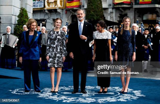 King Felipe VI of Spain, Queen Letizia of Spain, Queen Sofia of Spain, Crown Princess Leonor of Spain and Princess Sofia of Spain arrive at the...