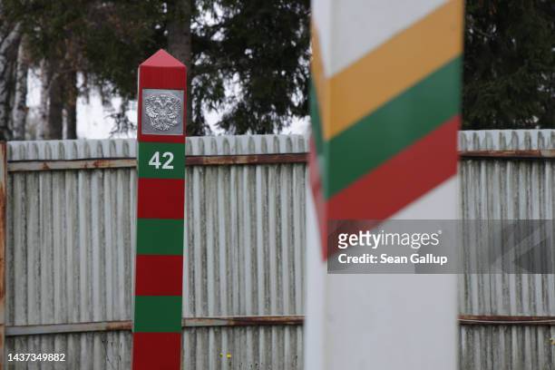 Lithuanian and a Russian border marker stand opposite each other along the border to the Russian semi-exclave of Kaliningrad on October 28, 2022 in...