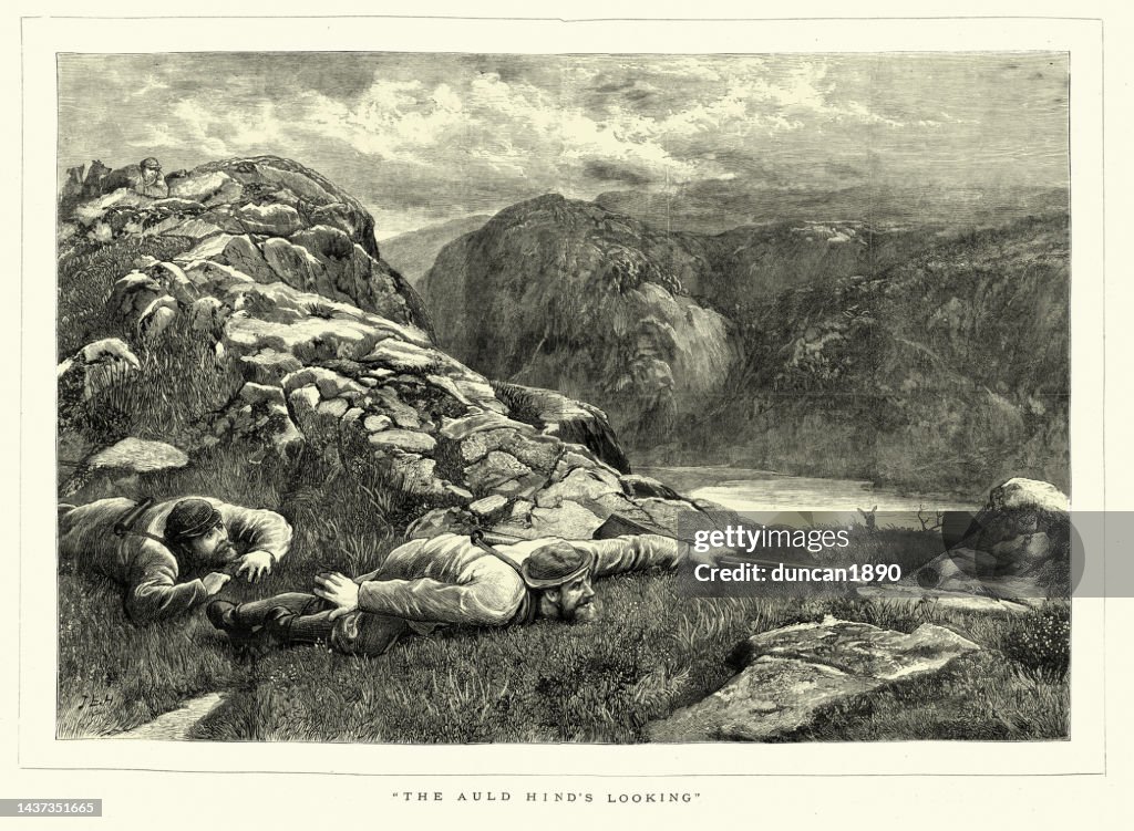 Gruppe von Jägern Hirsche auf der Pirsch im schottischen Hochland, viktorianisches 19. Jahrhundert, Auld Hind's Looking