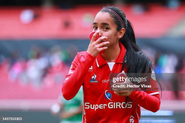 Mariana Zamorano of America de Cali celebrates after scoring their team's third goal during the third place match of Women's Copa CONMEBOL...