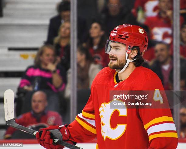 Rasmus Andersson of the Calgary Flames in action against the Pittsburgh Penguins during an NHL game at Scotiabank Saddledome on October 25, 2022 in...