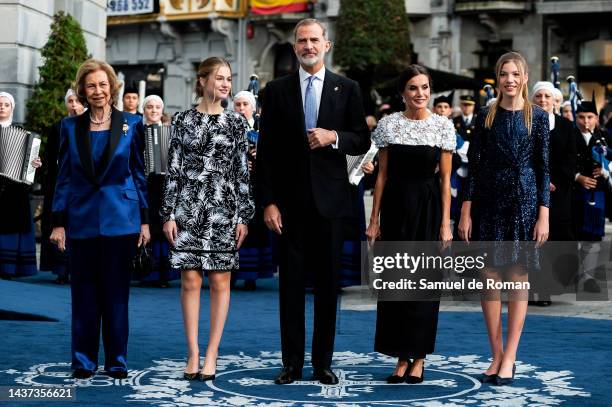 King Felipe VI of Spain, Queen Letizia of Spain, Queen Sofia of Spain, Crown Princess Leonor of Spain and Princess Sofia of Spain arrive at the...