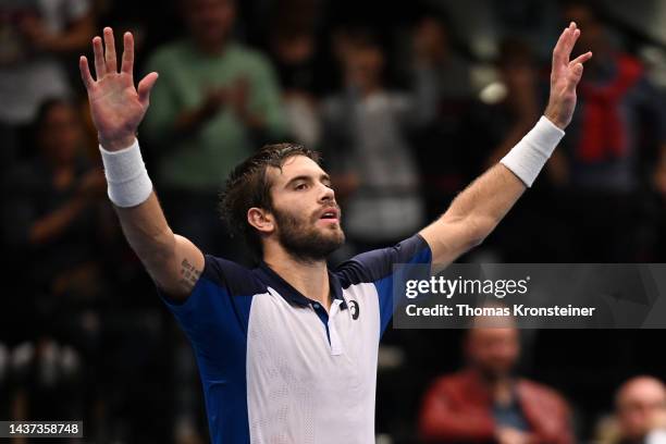 Borna Coric of Croatia celebrates after winning his quarter finals match against Hubert Hurkacz of Poland during day seven of the Erste Bank Open...