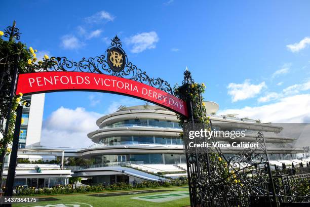 General view of mounting yard archway during 2022 Penfolds Victoria Derby Day at Flemington Racecourse on October 29, 2022 in Melbourne, Australia.