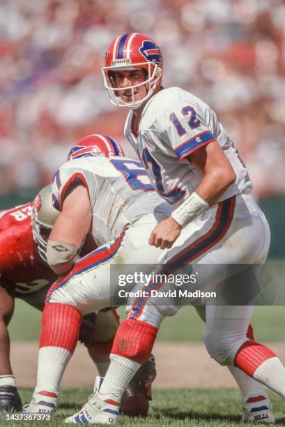 Quarterback Jim Kelly of the Buffalo Bills calls signals during a National Football League game against the San Francisco 49ers played on September...