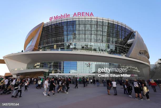 An exterior view shows fans arriving for a game between the Anaheim Ducks and the Vegas Golden Knights at T-Mobile Arena on October 28, 2022 in Las...