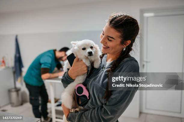 woman with dog at vet - castration stockfoto's en -beelden