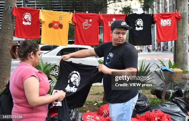 Street vendor sells a t-shirt of former President and candidate Luis Inacio Lula Da Silva on October 28, 2022 in Sao Paulo, Brazil. Lula da Silva...