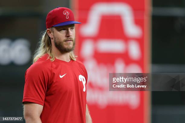 Noah Syndergaard of the Philadelphia Phillies looks on during batting practice prior to Game One of the 2022 World Series against the Houston Astros...