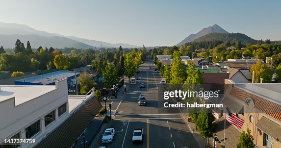 Aerial View of Street Traffic in Downtown Mount Shasta, California Aerial View of Street Traffic in Downtown Mount Shasta, California