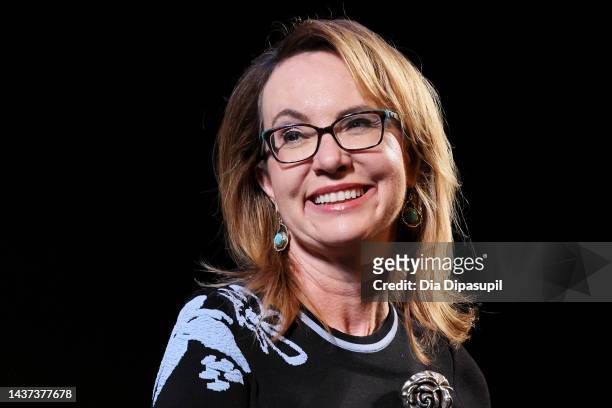 Gabby Giffords speaks onstage at the "Gabby Giffords Won't Back Down" Q&A during the 25th SCAD Savannah Film Festival on October 28, 2022 in...