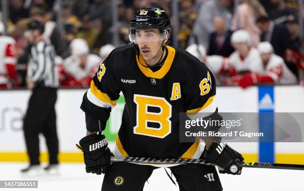 Brad Marchand of the Boston Bruins skates against the Detroit Red Wings during the first period at the TD Garden on October 27, 2022 in Boston,...