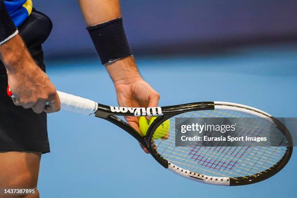 Close up on a racket of Roberto Bautista Agut of Spain serves during day six of the Swiss Indoor Basel match between Roberto Bautista Agut of Spain...