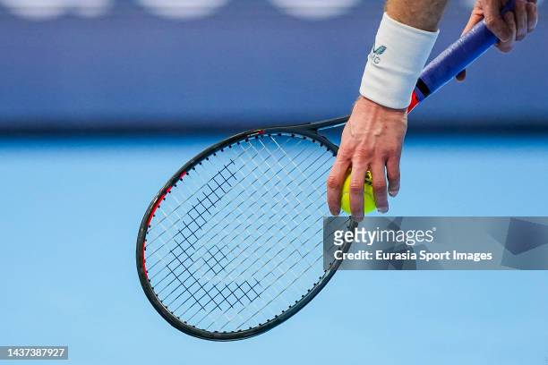 Close up of racket while Andy Murray of England prepares for a serve during day six of the Swiss Indoor Basel match between Roberto Bautista Agut of...
