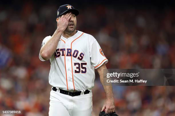 Justin Verlander of the Houston Astros leaves the mound after the first inning of Game One of the 2022 World Series against the Philadelphia Phillies...