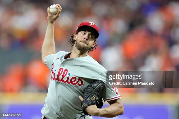 Aaron Nola of the Philadelphia Phillies pitches in the first inning against the Houston Astros in Game One of the 2022 World Series at Minute Maid...