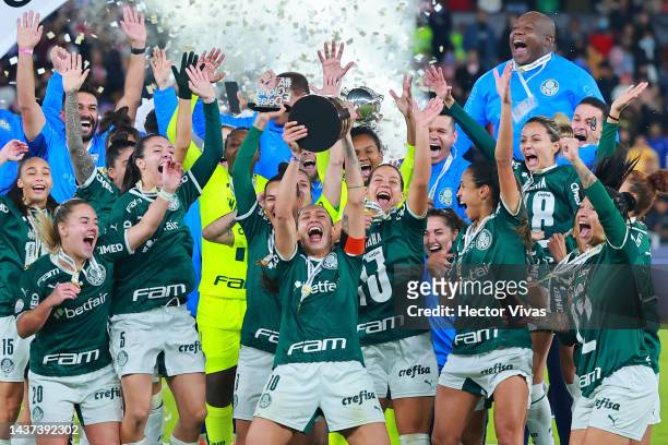Players of Palmeiras celebrate with the champions trophy after the final of Women's Copa CONMEBOL Libertadores 2022 between Boca Juniors and...